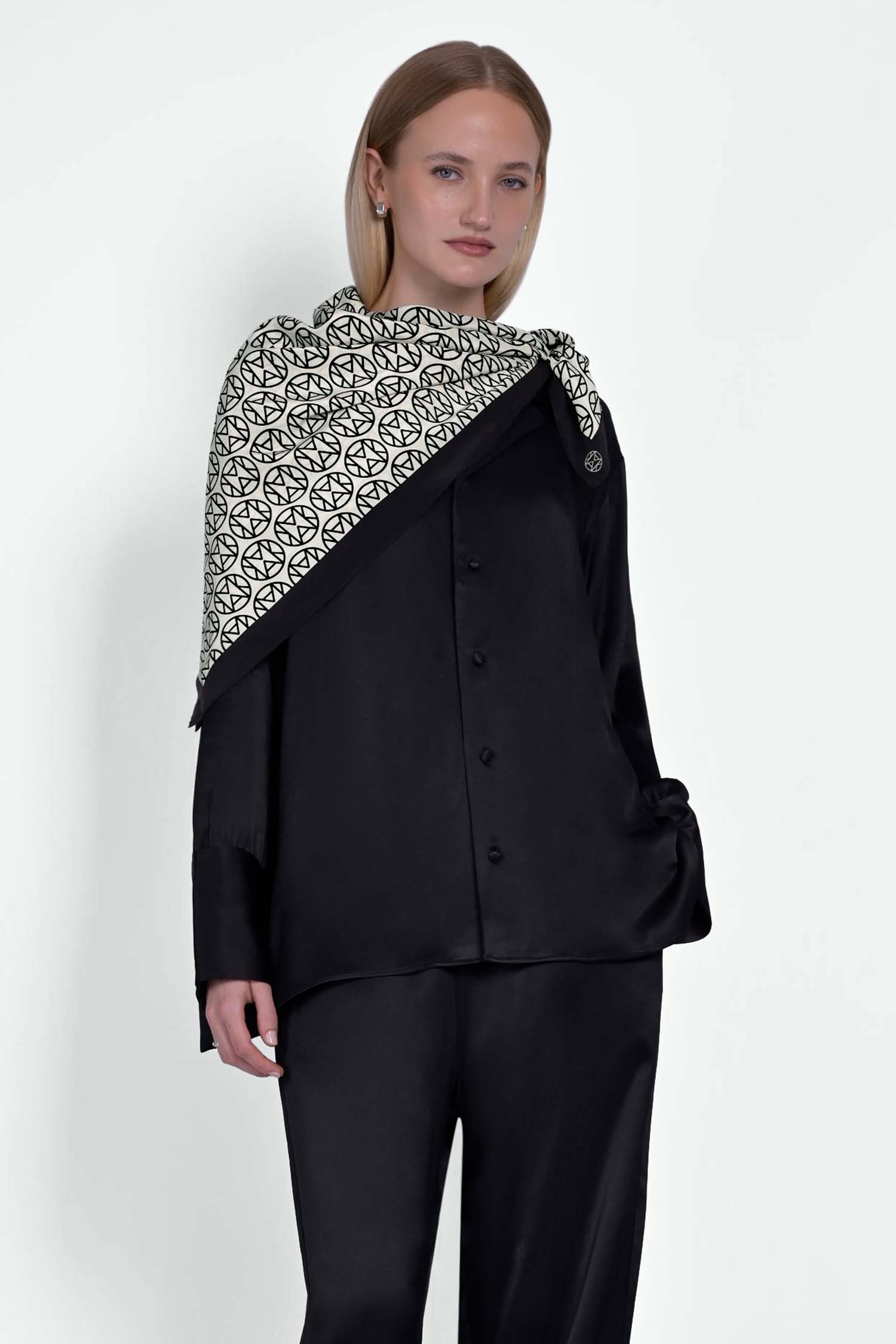 MAANKA MONOGRAM SILK SCARF BLACK