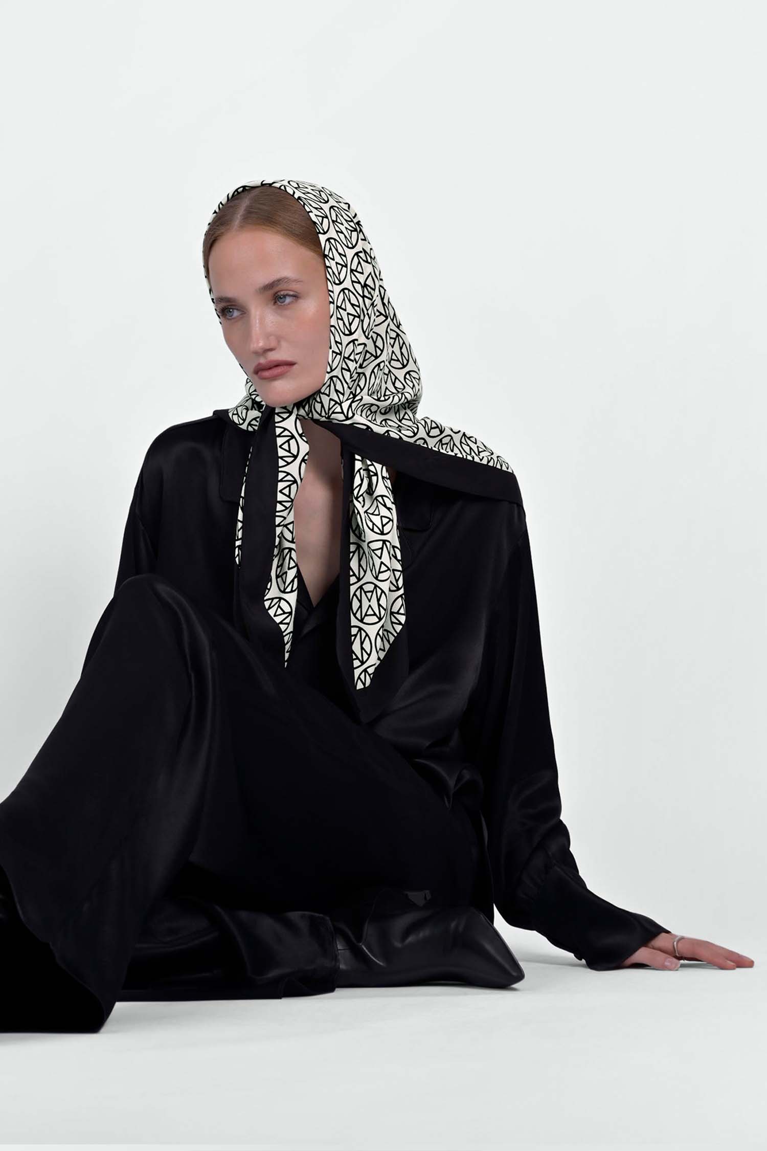 MAANKA MONOGRAM SILK SCARF BLACK